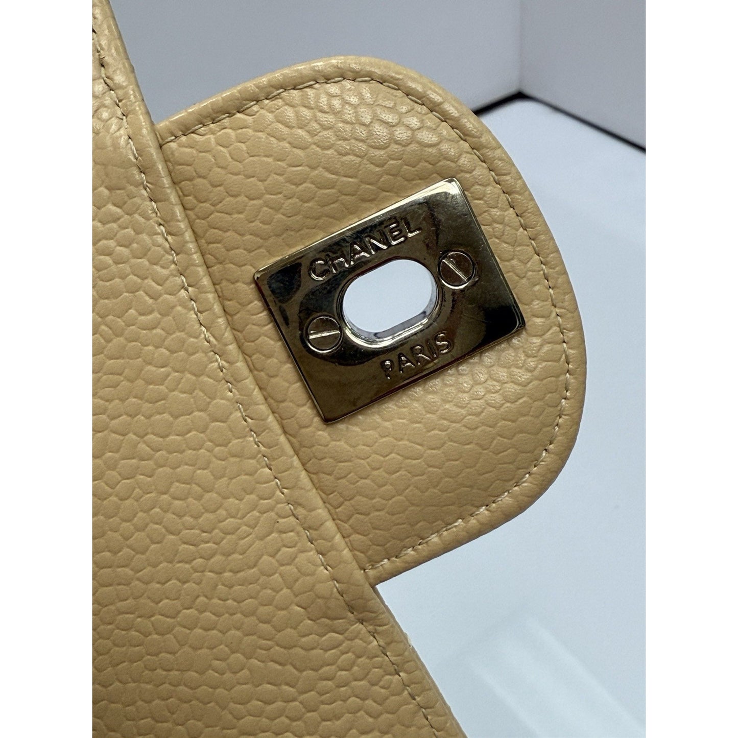 CHANEL Medium Classic Double Flap Beige Caviar Leather Shoulder Bag 2012-2013
