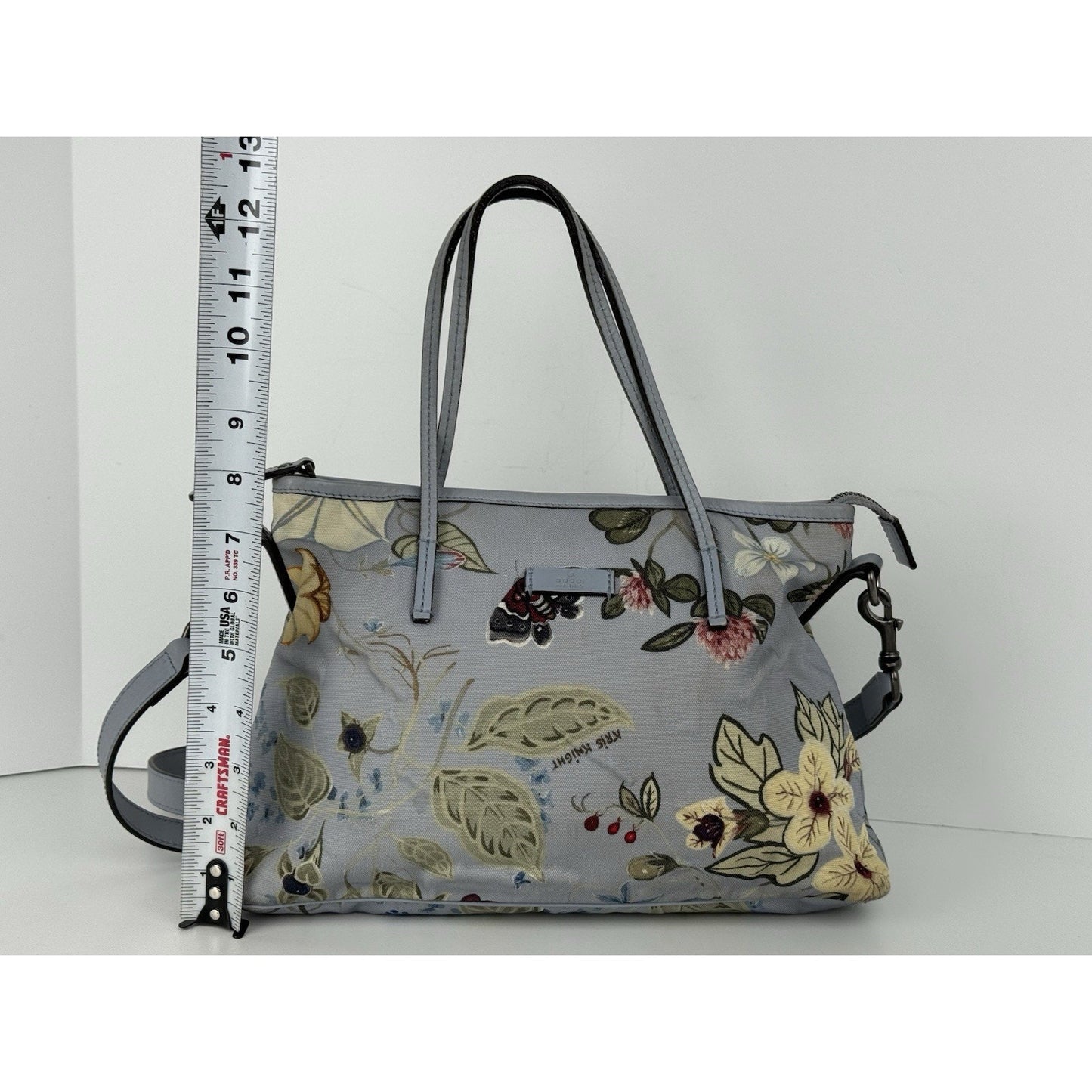 Gucci Flora Knight Zippered Tote Bag Dusty Blue Canvas with Leather Trim