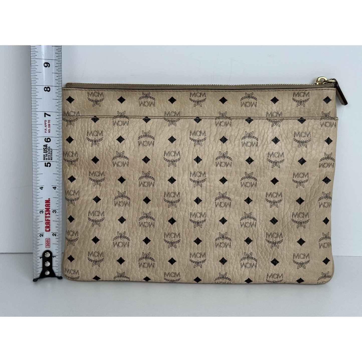 MCM Medium Rabbit Crossbody Pouch in Visetos Beige with Gold Hardware