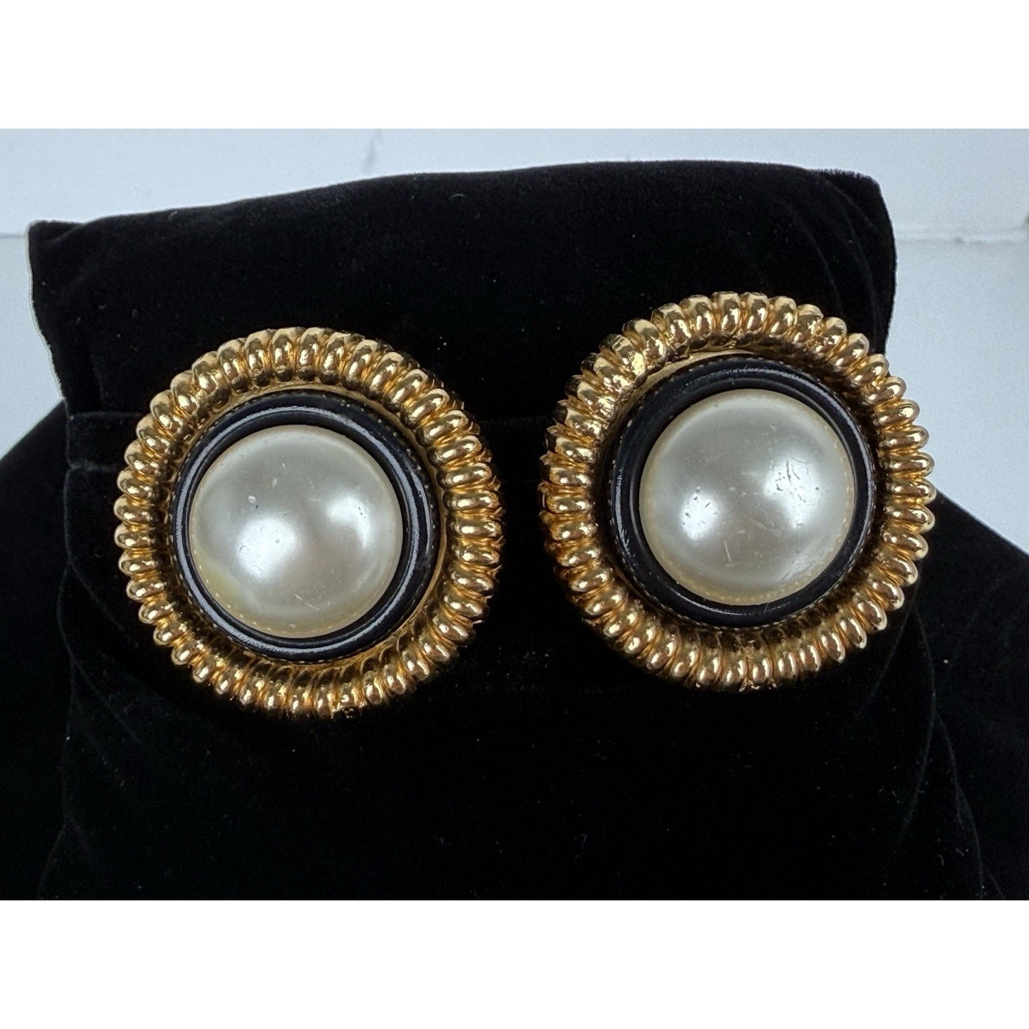 CHANEL Pearl Round Gold Tone Black Earrings