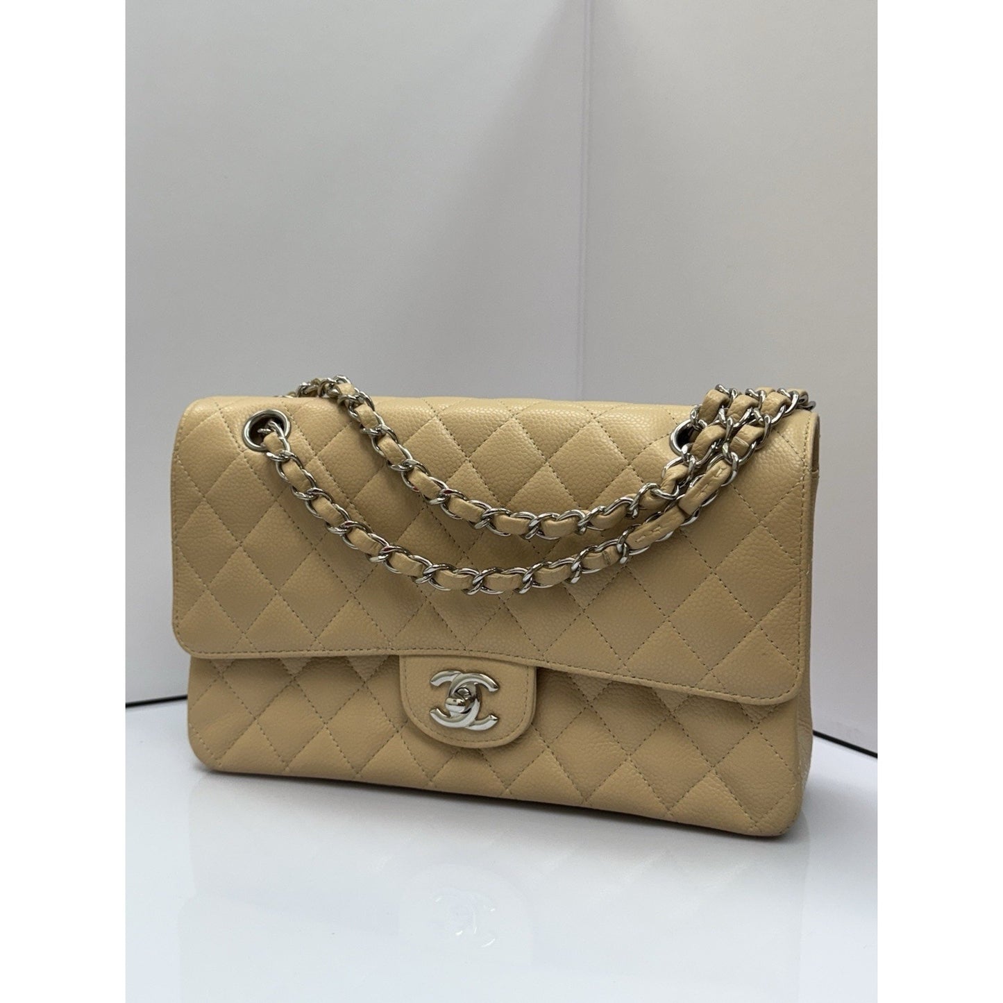 CHANEL Medium Classic Double Flap Beige Caviar Leather Shoulder Bag 2012-2013