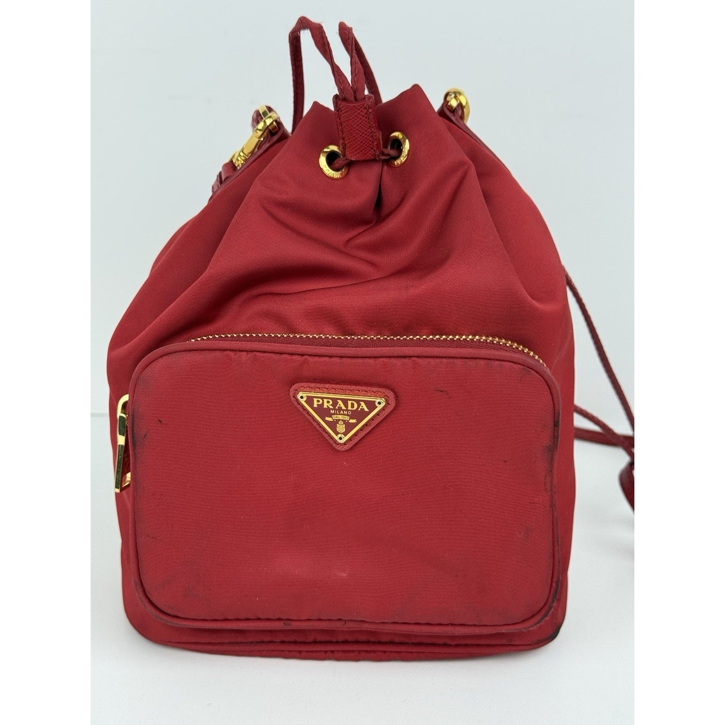 Prada Re-Nylon Alabastro Red Saffiano Duet Bucket Backpack