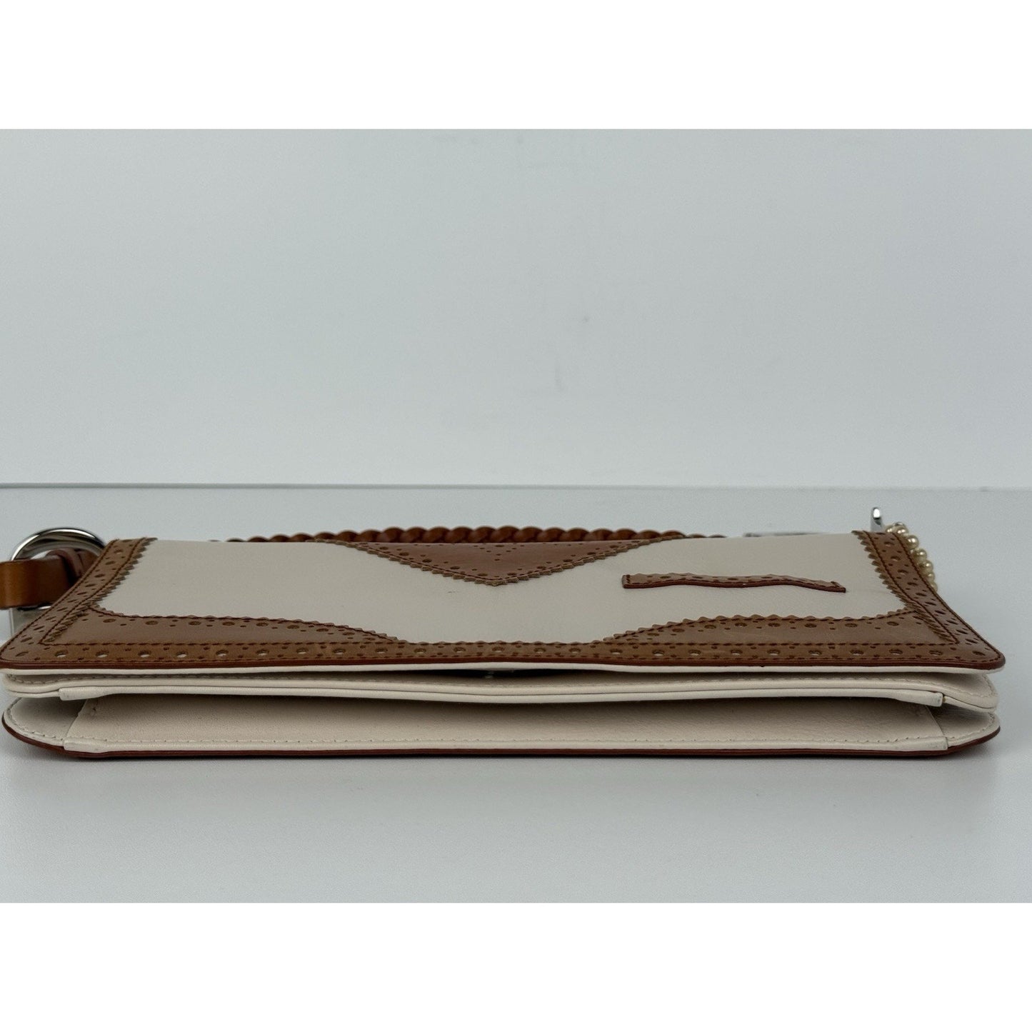 Dior Tan/Off White Brogue Leather Faux Pearl D’Trick Baguette Bag