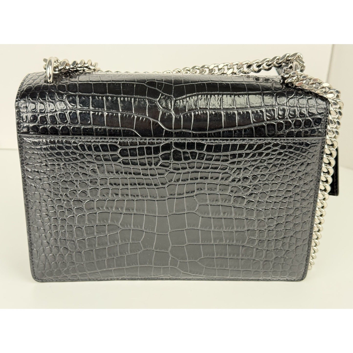 Saint Laurent Sunset Black Shiny Crocodile Embossed Leather Shoulder Bag