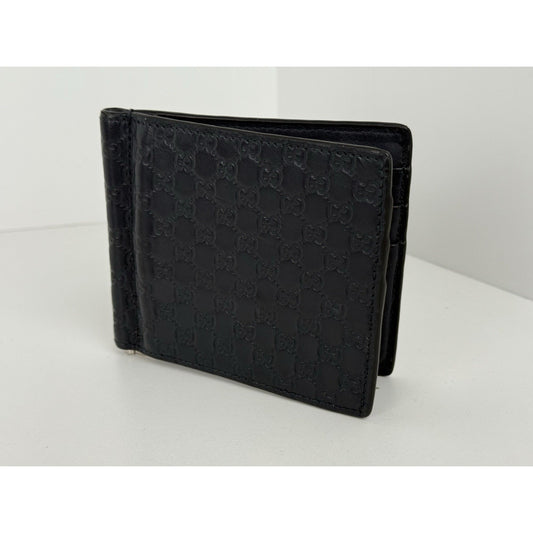 Gucci Guccissima Black Leather Money Clip Card Holder Wallet