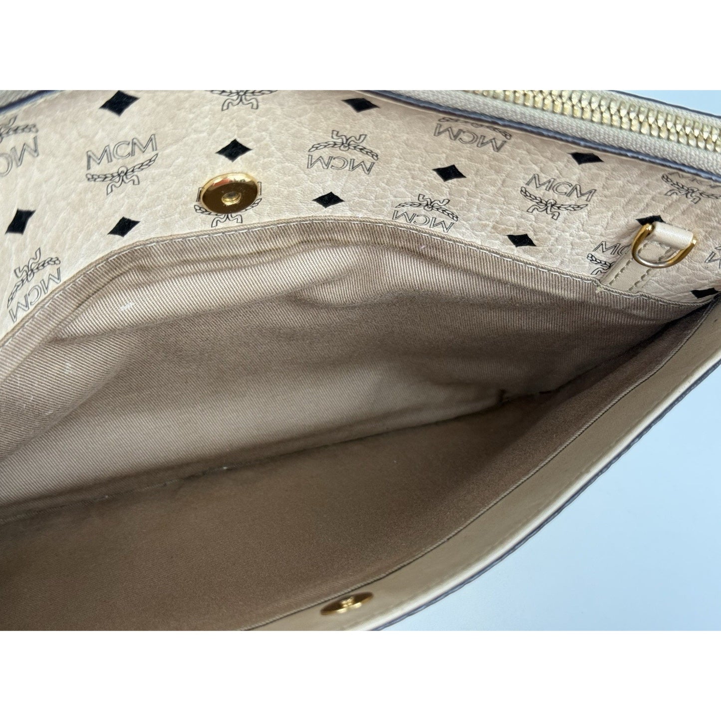 MCM Medium Rabbit Crossbody Pouch in Visetos Beige with Gold Hardware
