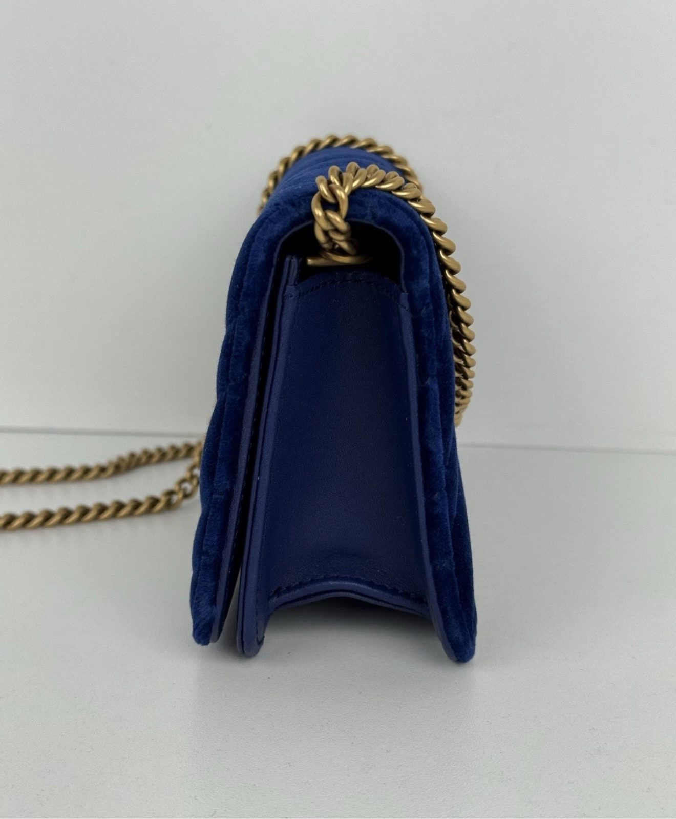 Gucci GG Marmont Blue Velvet Gold-Tone Chain Flap Crossbody Bag