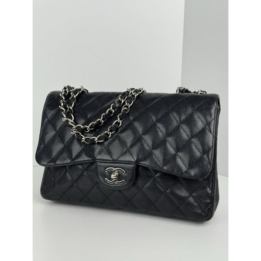 Chanel Jumbo Classic Single Flap Bag in Black Caviar Leather w Silver Hardware