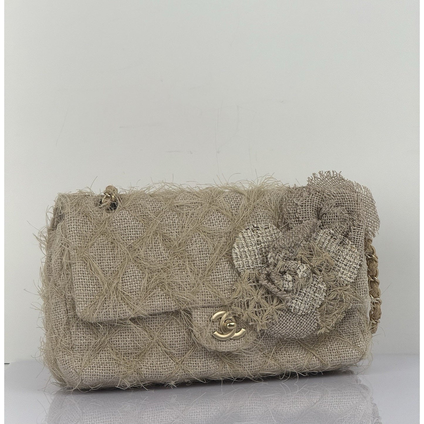 CHANEL Taupe Linen Quilted Camelia Straw Jute Raffia Medium Flap Shoulder Bag