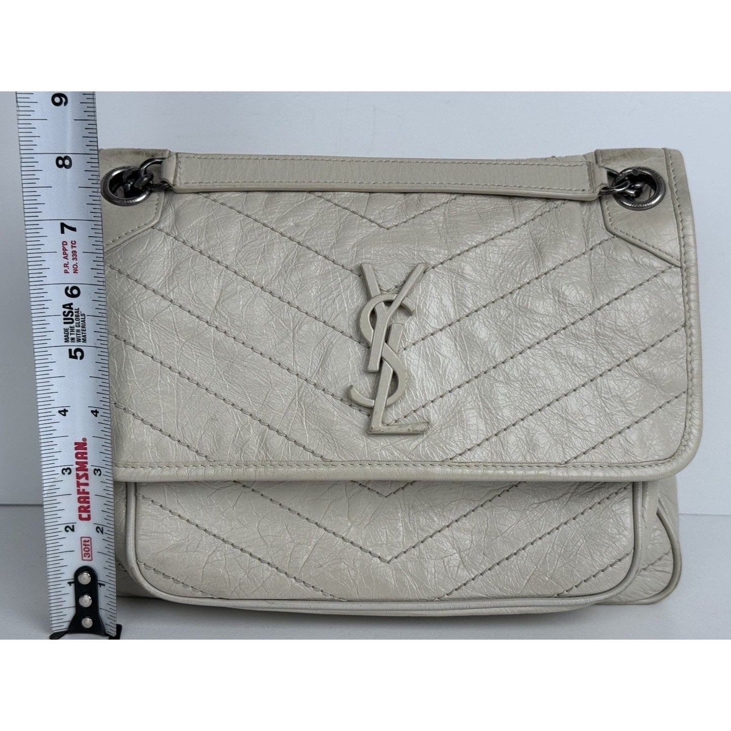 Saint Laurent Niki Medium Chain Satchel Crinkled Calfskin Matelassé Crema Soft