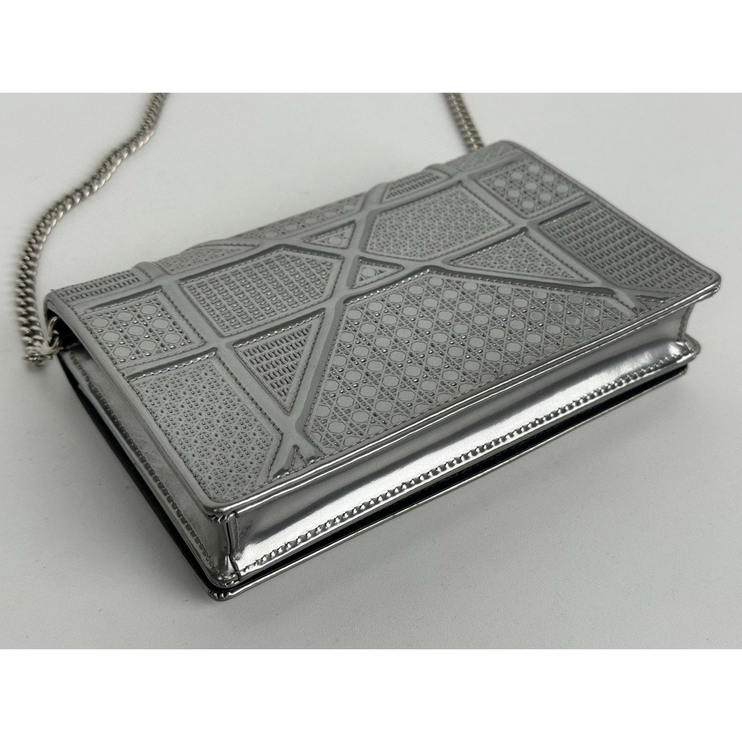 Dior Micro-Cannage Diorama Wallet on Chain Pouch Metallic Silver Patent Leather