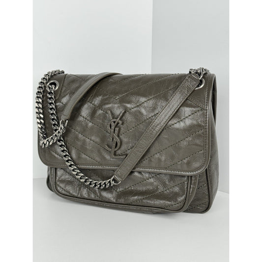 Saint Laurent Niki Medium Crinkled Matelassé Chain Satchel Dark Green C-6