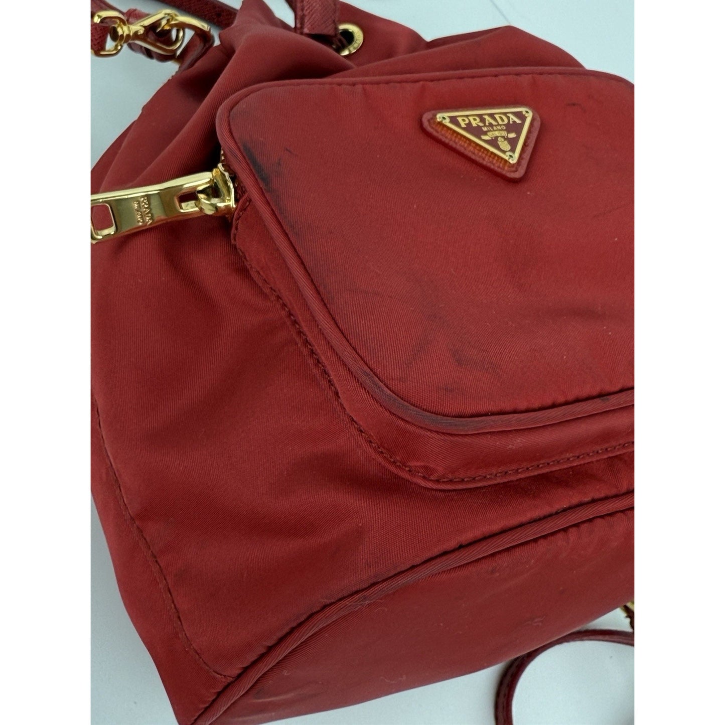 Prada Re-Nylon Alabastro Red Saffiano Duet Bucket Backpack