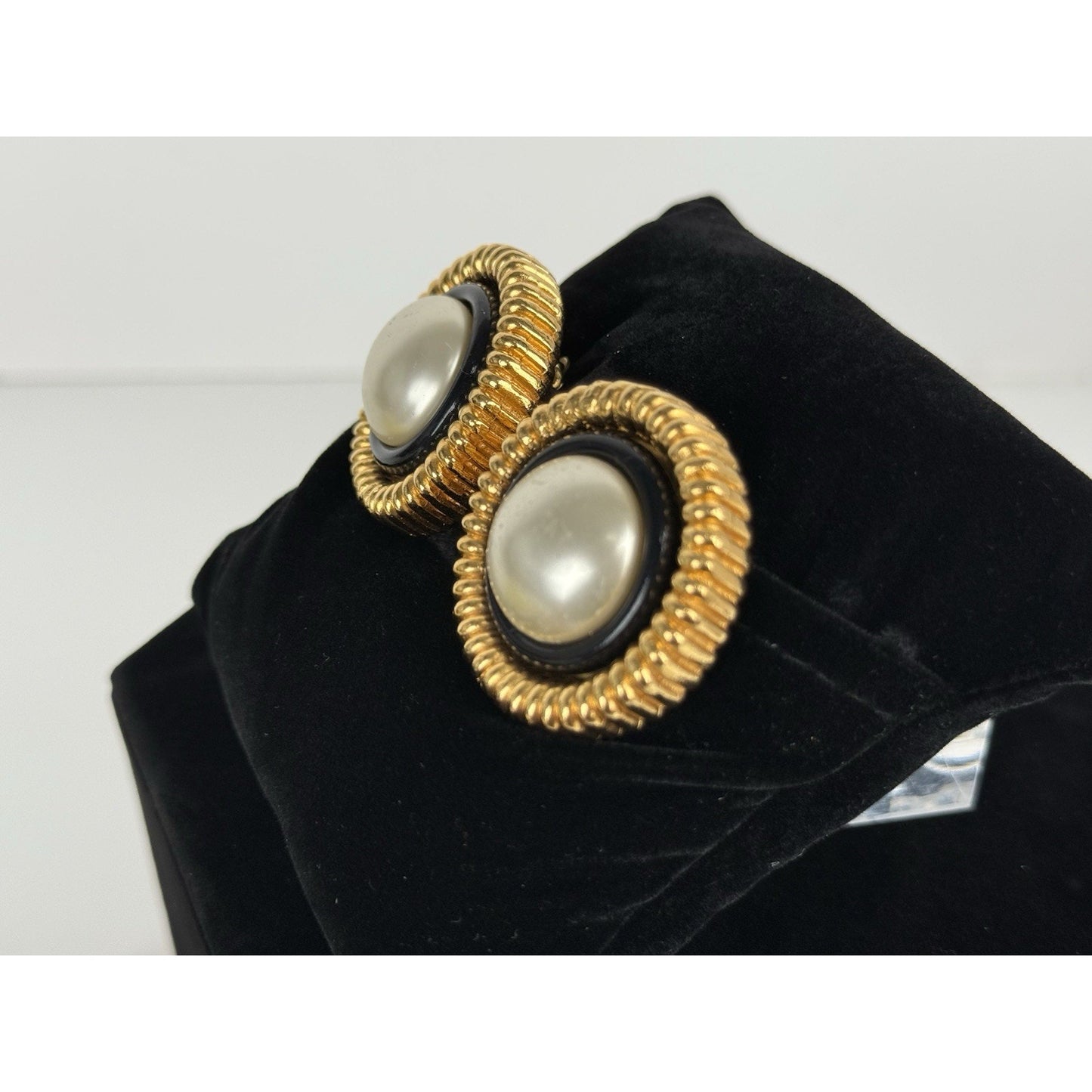 CHANEL Pearl Round Gold Tone Black Earrings