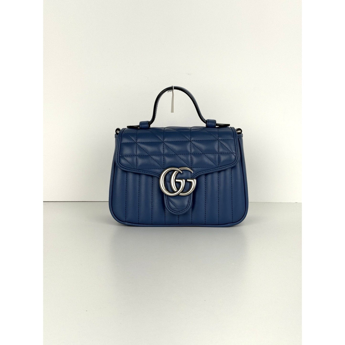 Gucci Double G Blue Leather Matelasse Aria Marmont Mini Top Handle Women's Bag