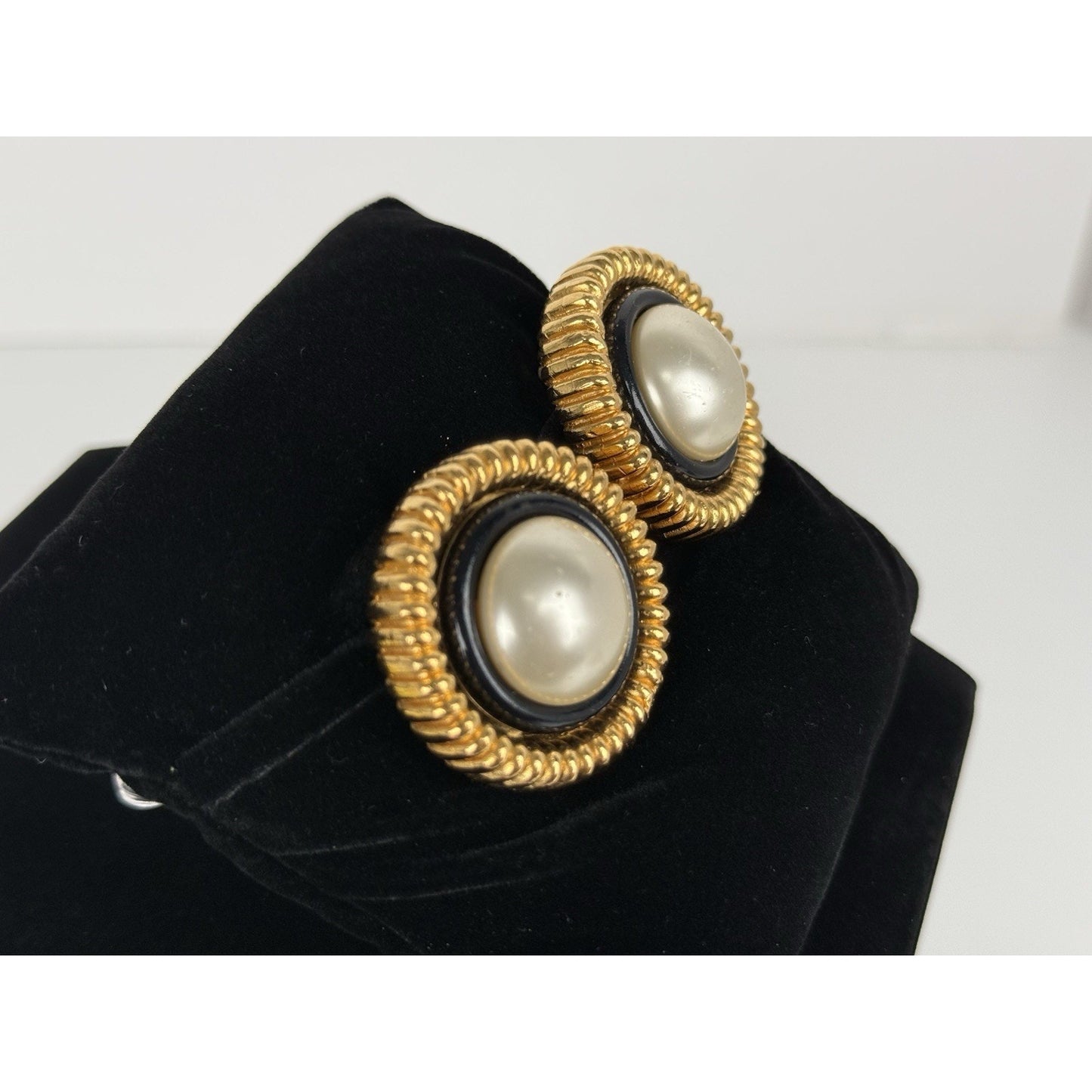 CHANEL Pearl Round Gold Tone Black Earrings