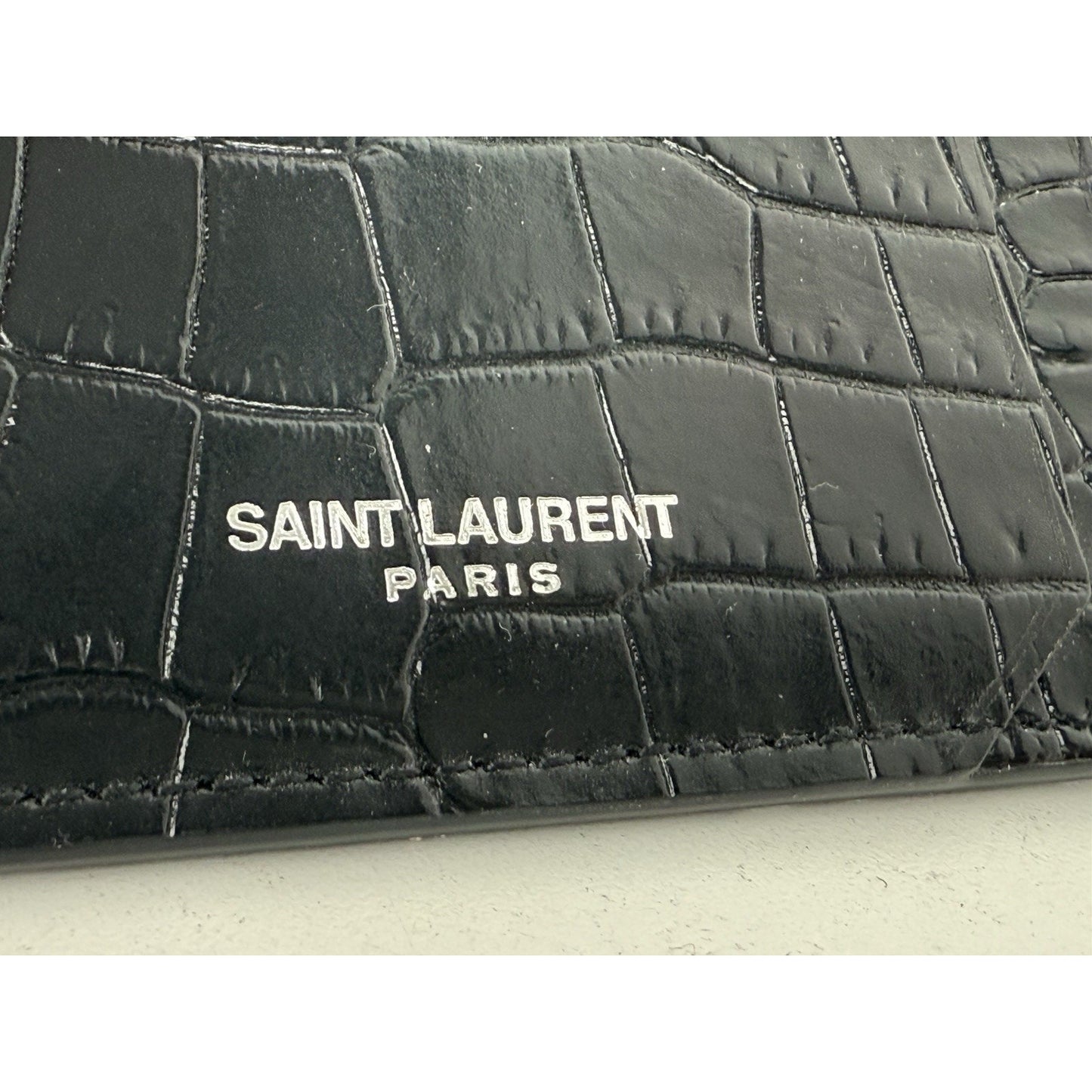 Saint Laurent Calfskin Crocodile Embossed 5 Fragments Zip Card Holder