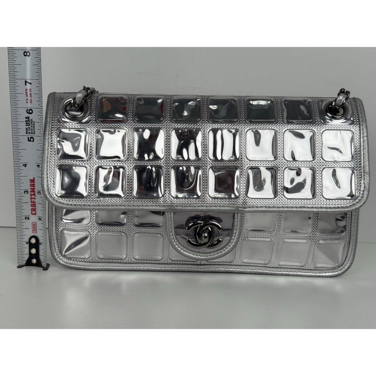 Chanel Classic Flap Ice Cube Chocolate Bar Metallic Silver PVC with Leather Trim