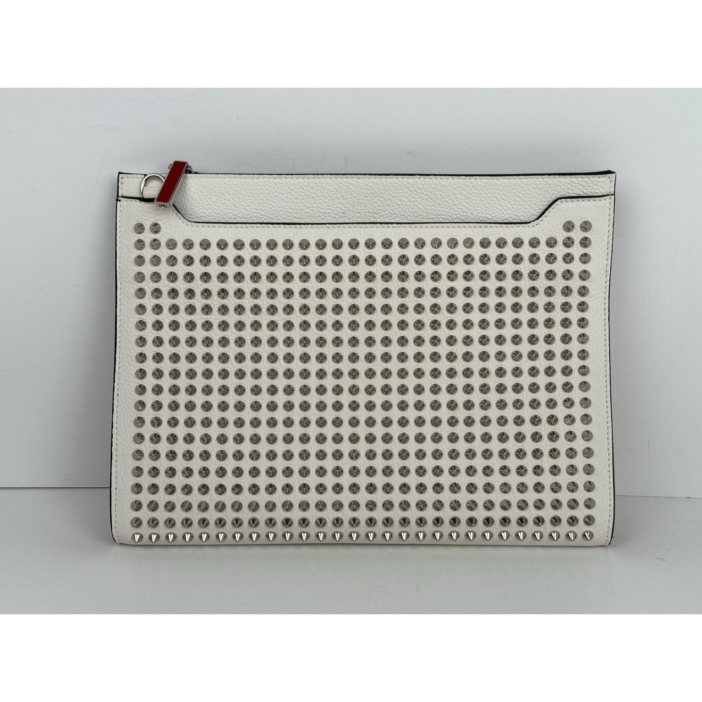 Christian Louboutin White Sky Pouch Clutch with Spike Studs and Silver Hardware