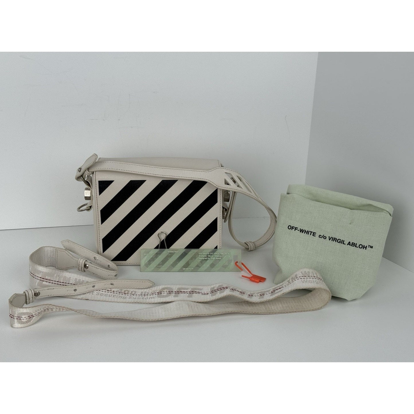 Off-White Diagonal Stripe Binder Clip Shoulder Bag White Leather with Silver