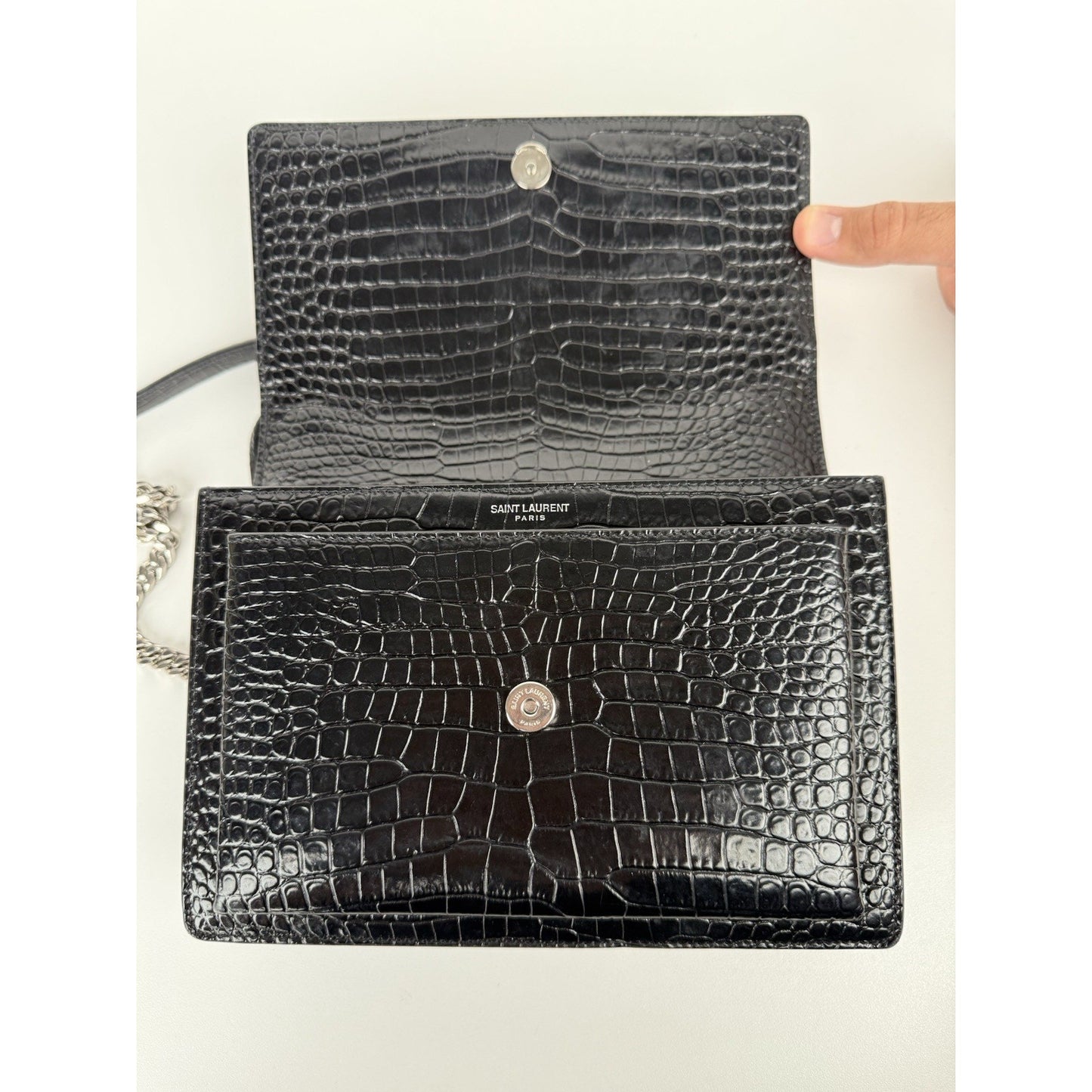 Saint Laurent Sunset Black Shiny Crocodile Embossed Leather Shoulder Bag