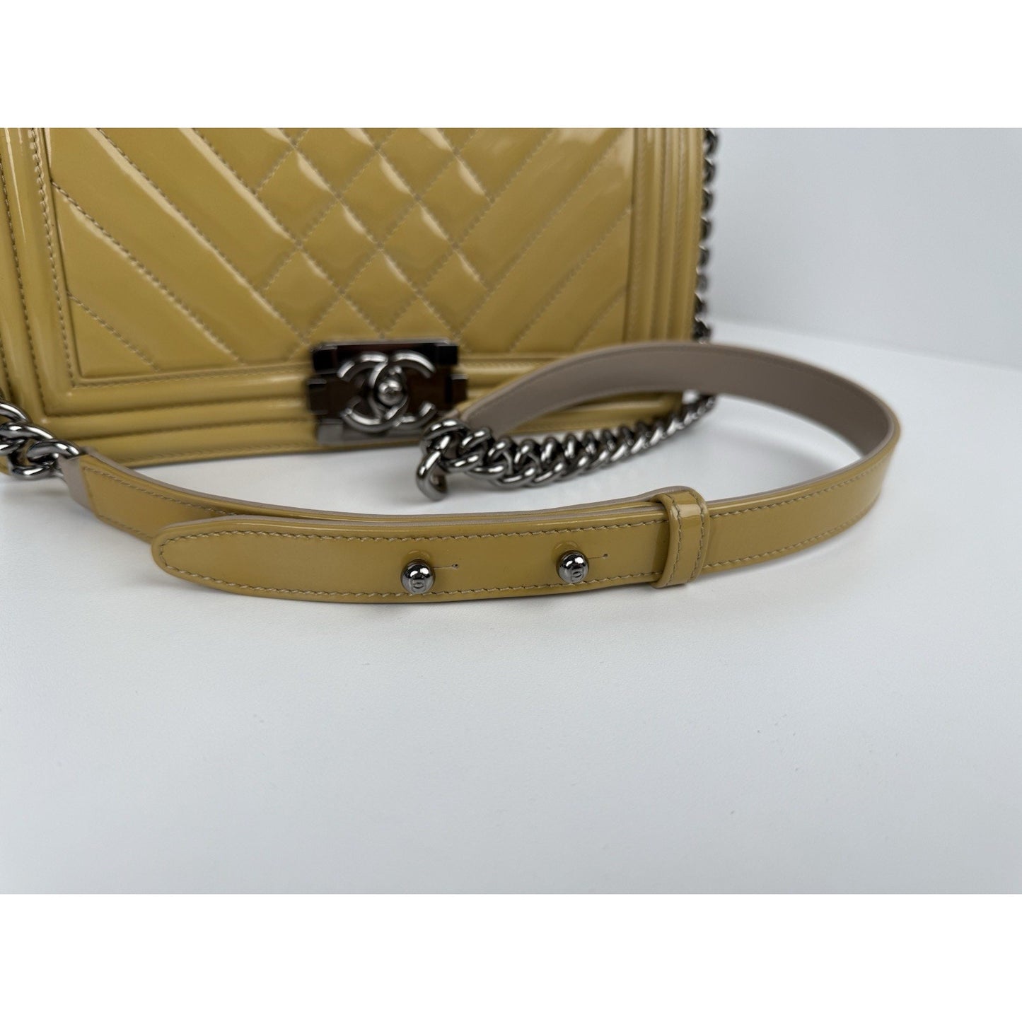 Chanel Boy Medium Chevron & Quilted Mustard Patent Leather Shoulder Bag