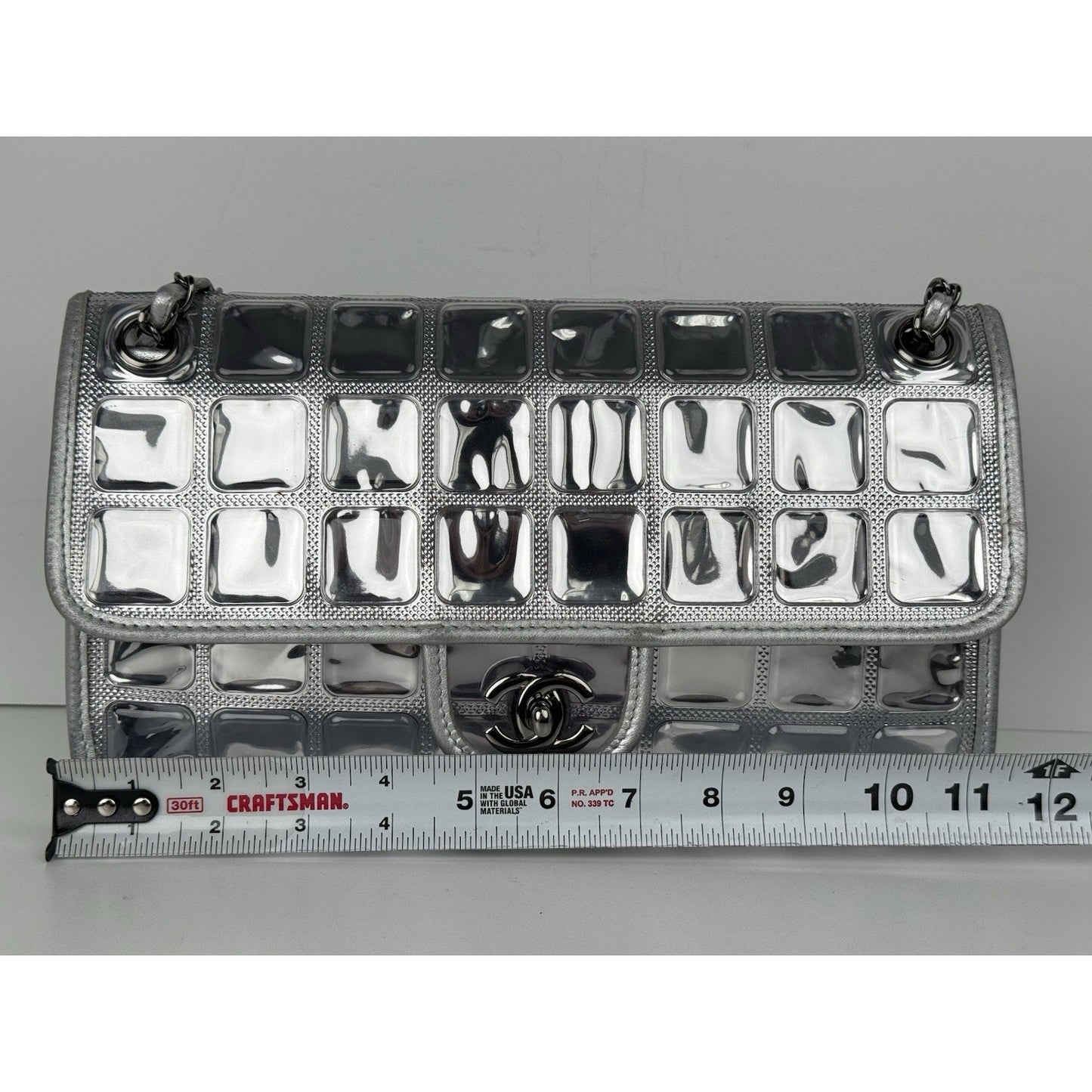 Chanel Classic Flap Ice Cube Chocolate Bar Metallic Silver PVC with Leather Trim