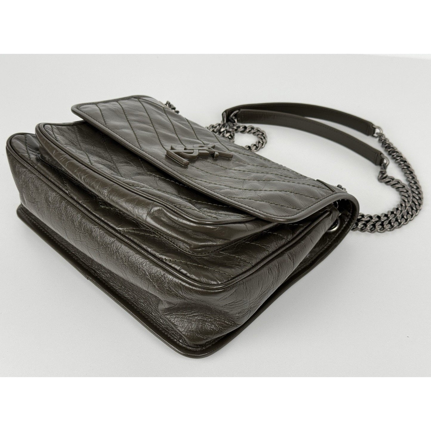 Saint Laurent Niki Medium Crinkled Matelassé Chain Satchel Dark Green C-6