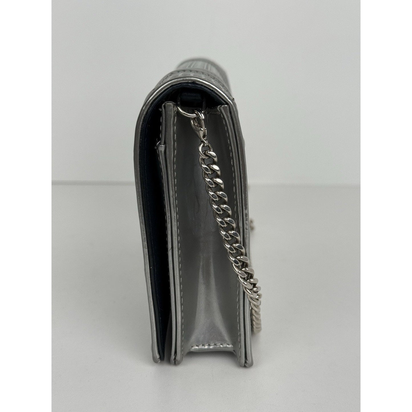 Dior Micro-Cannage Diorama Wallet on Chain Pouch Metallic Silver Patent Leather
