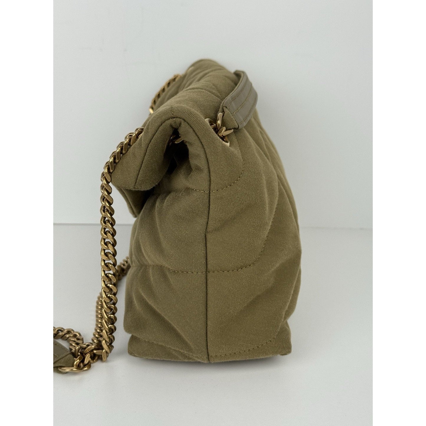 SAINT LAURENT Small Puffer Wool Chevron Quilt Shoulder Bag in Olive Green