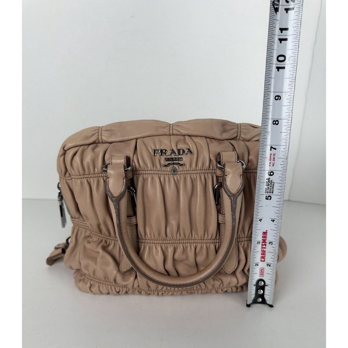 Prada Nappa Gaufre Satchel Shoulder Bag in Beige Leather Silver-Tone Hardware S7