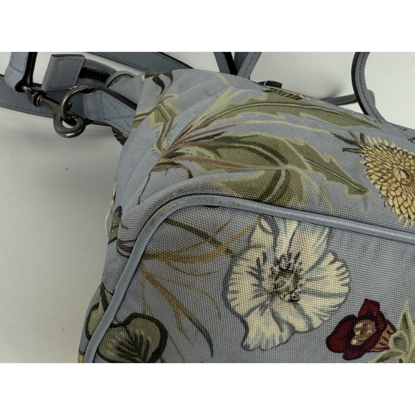 Gucci Flora Knight Zippered Tote Bag Dusty Blue Canvas with Leather Trim