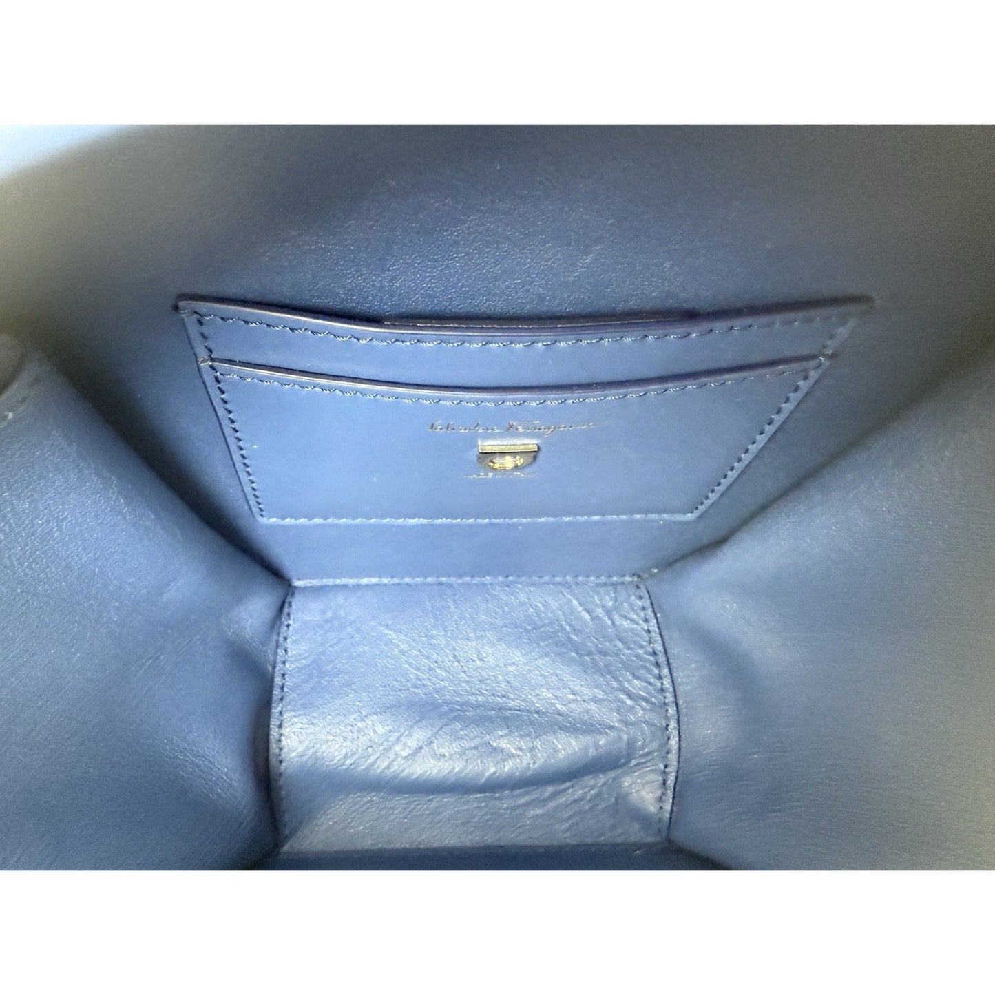 Salvatore Ferragamo Studio Round Bag Blue Leather with Gold Hardware