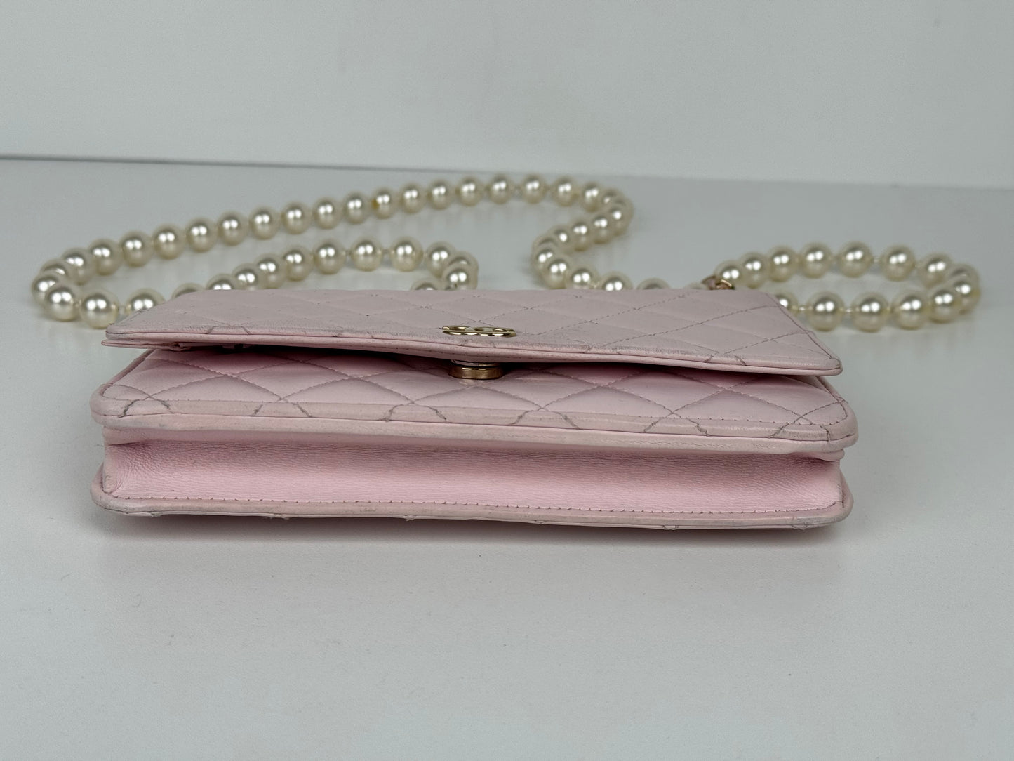 Chanel Pink Quilted Leather Pearl Wallet on Chain With Gold Hardware