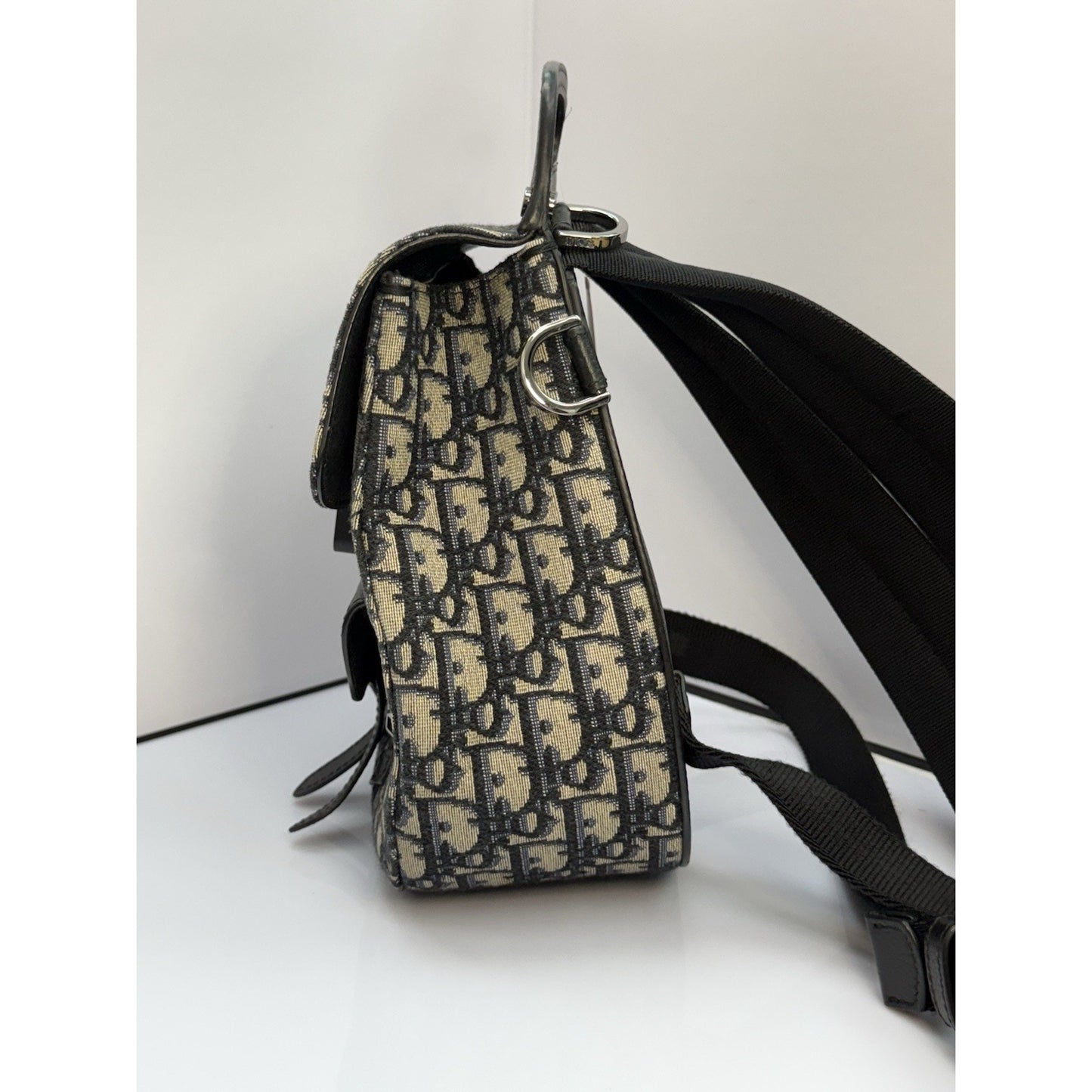 CHRISTIAN DIOR Oblique Jacquard Mini Saddle Backpack in Navy Blue
