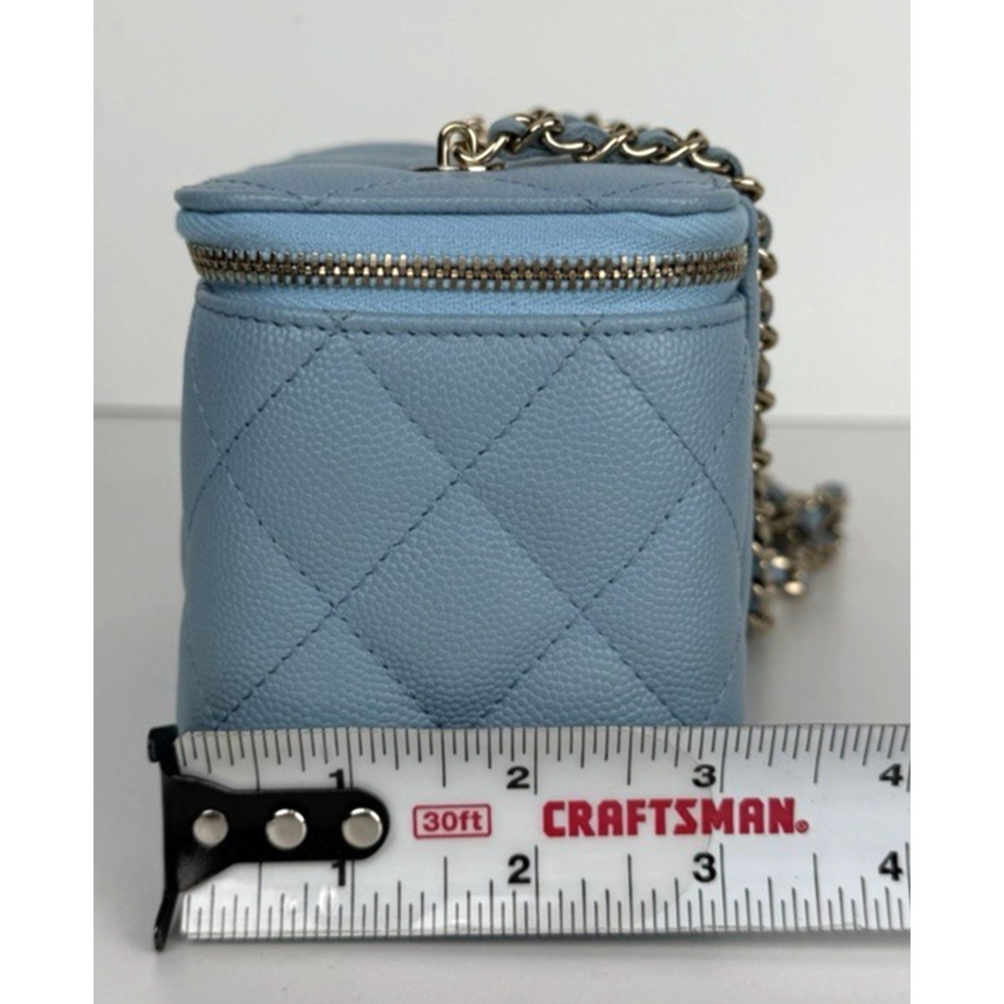 Chanel Caviar Quilted Vanity Small Case Bag With Chain in Light Blue