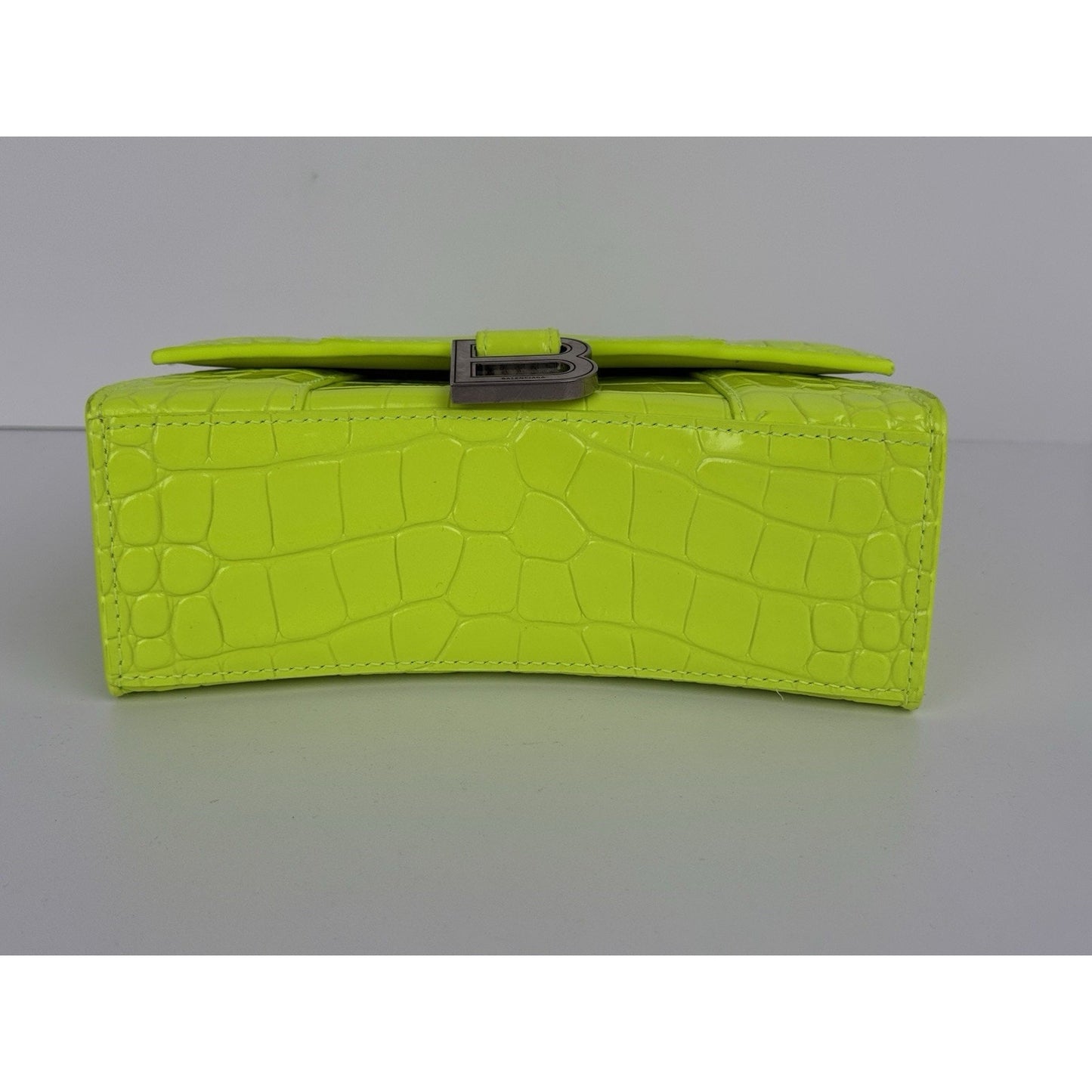 BALENCIAGA Crocodile Embossed Neon Green Leather Hourglass Top Handle Bag