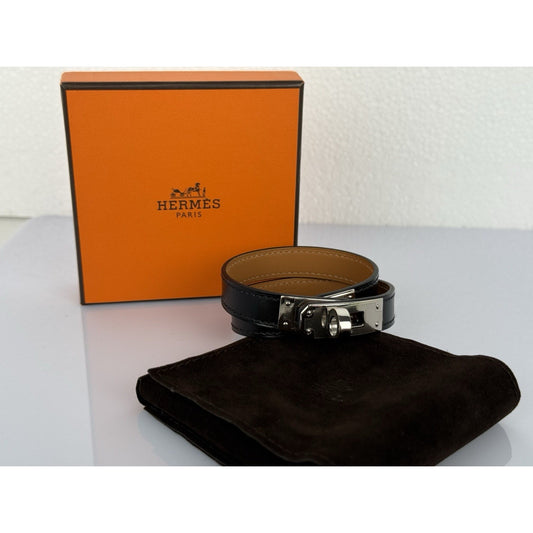 HERMES Kelly Double Tour Black Swift Silver Hardware Leather Bracelet Size 6 in
