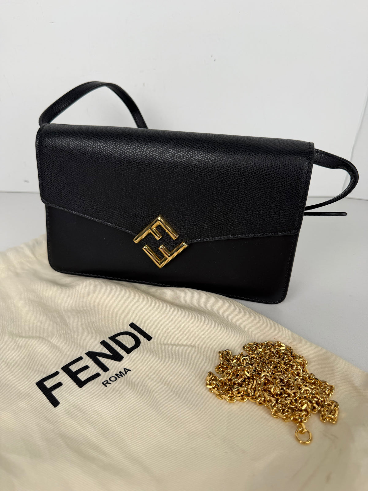 Fendi FF Diamonds Continental Wallet Bag on Chain in Black Leather S-10Y