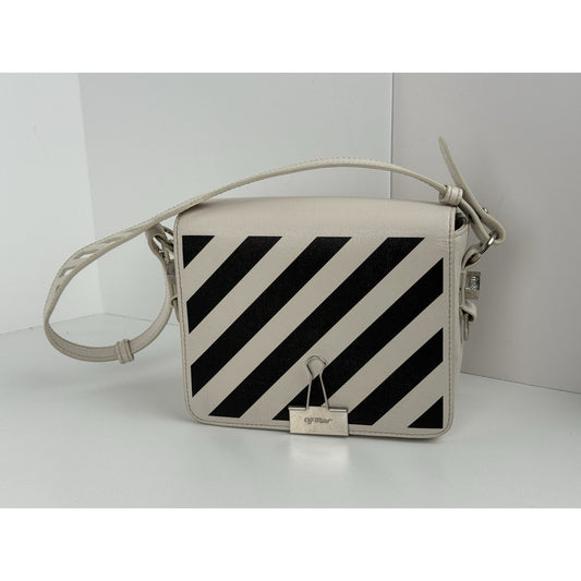 Off-White Diagonal Stripe Binder Clip Shoulder Bag White Leather with Silver