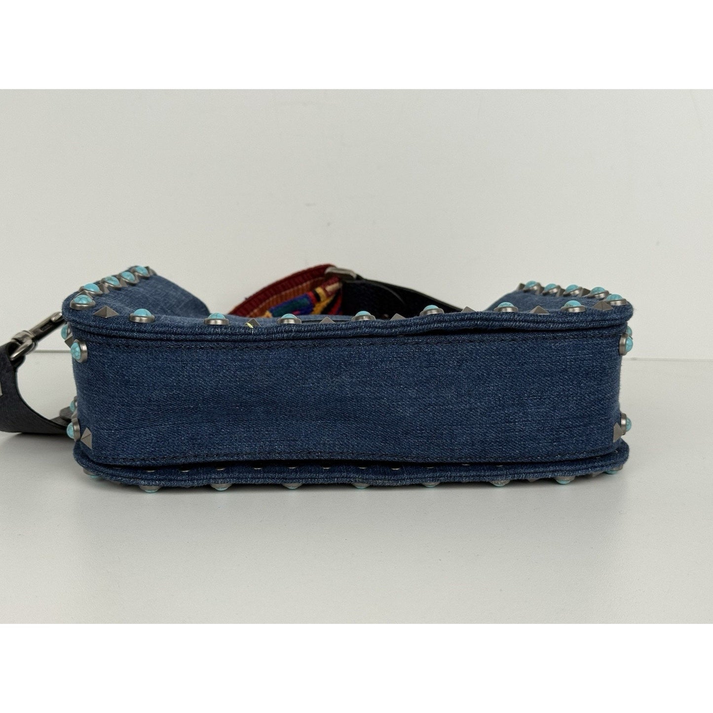 Valentino Rolling Rockstud Denim and Leather Shoulder Bag with Multicolor Strap
