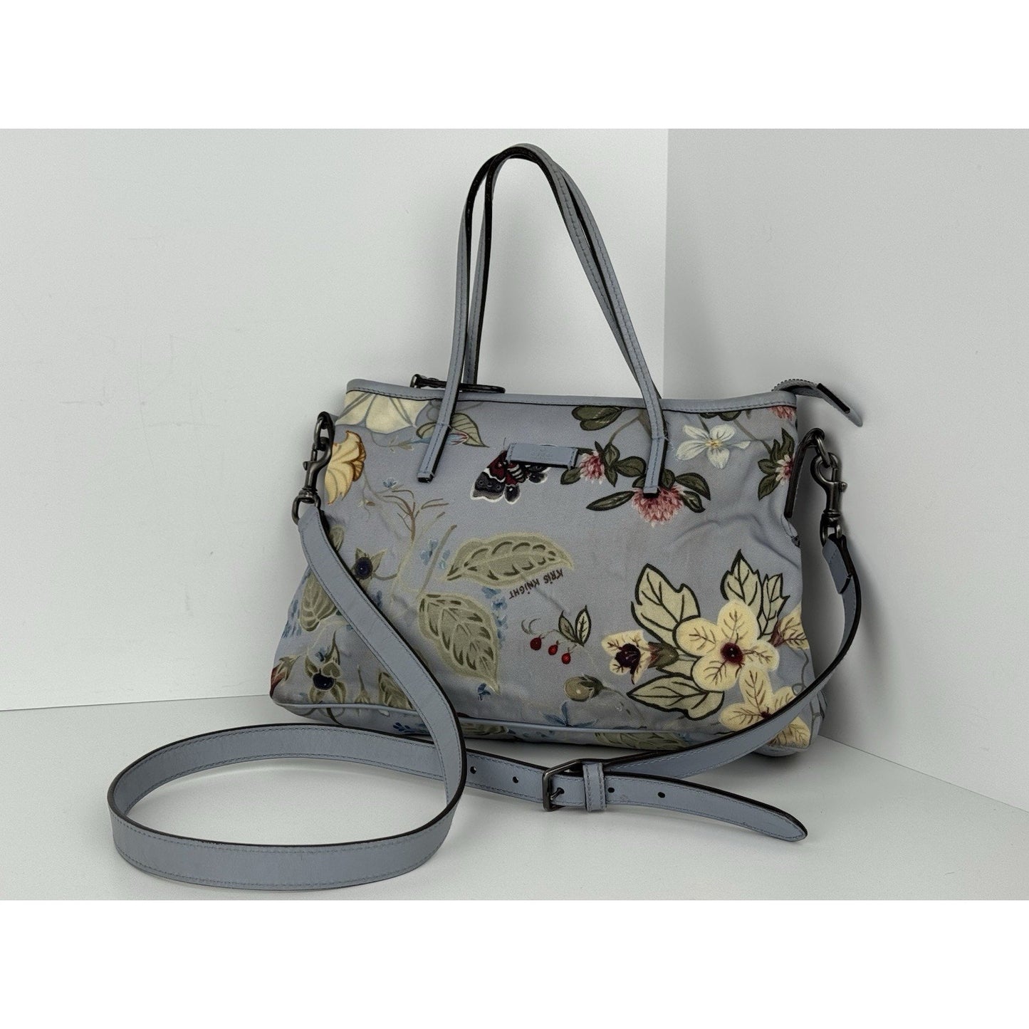 Gucci Flora Knight Zippered Tote Bag Dusty Blue Canvas with Leather Trim