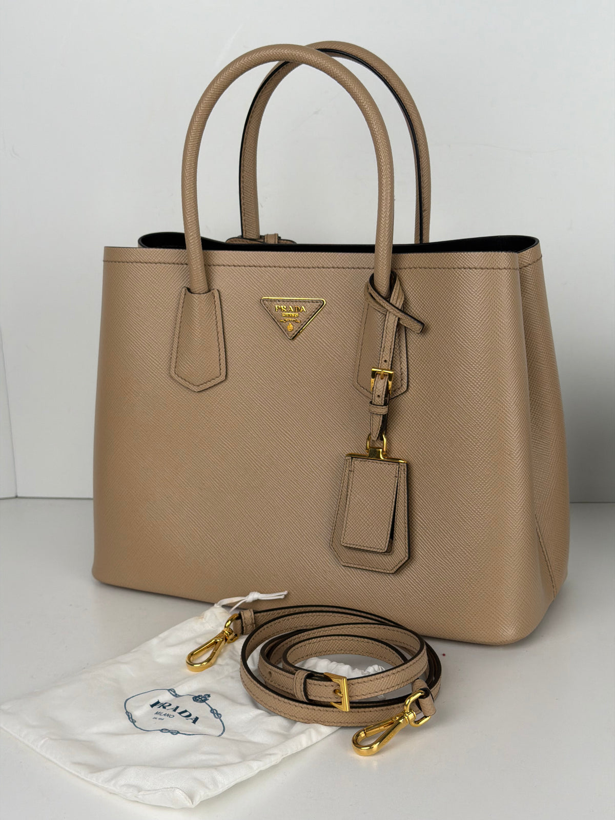 Prada Double Tote Medium Bag in Beige Saffiano Leather