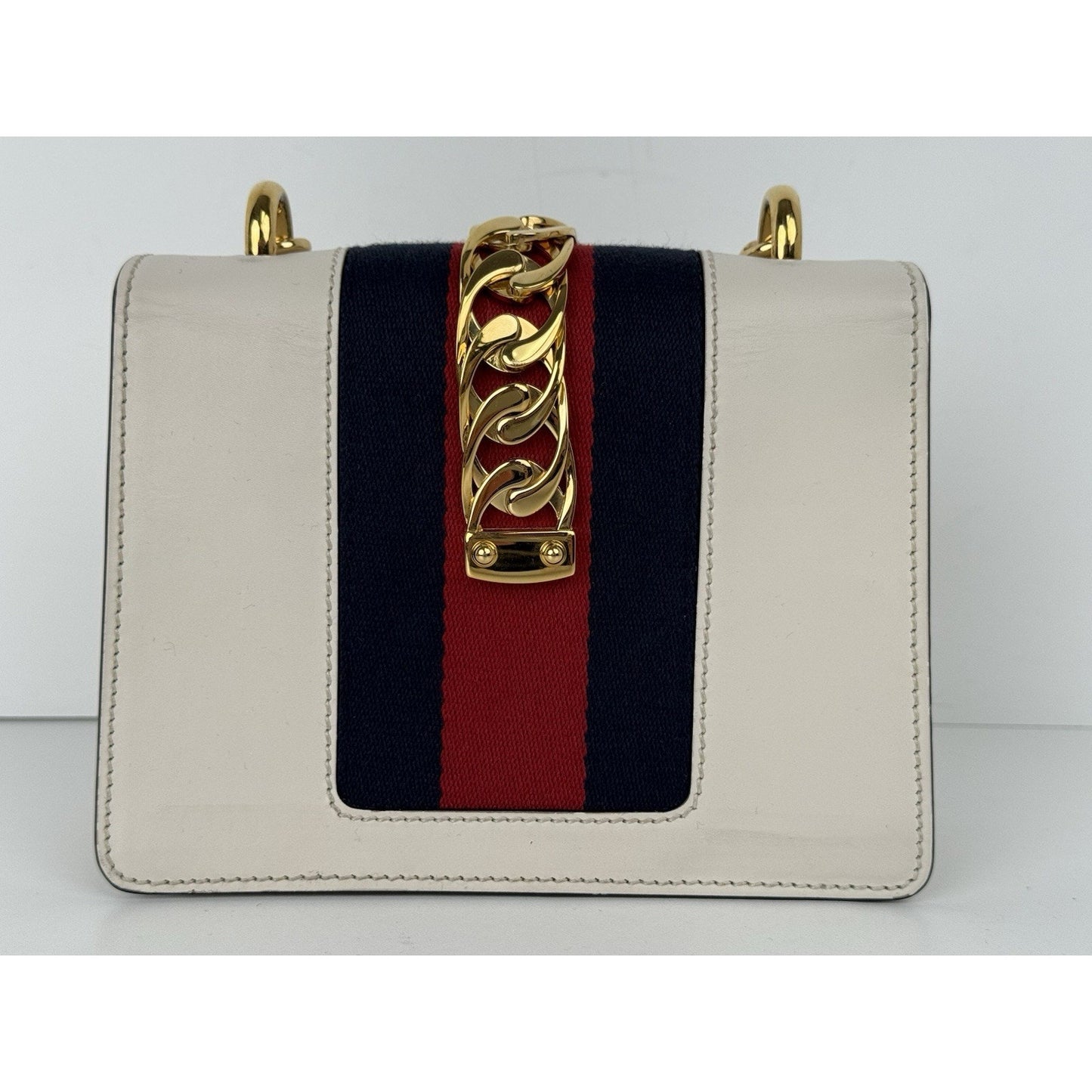Gucci Sylvie White Leather Shoulder Bag with Gold Chain Detail