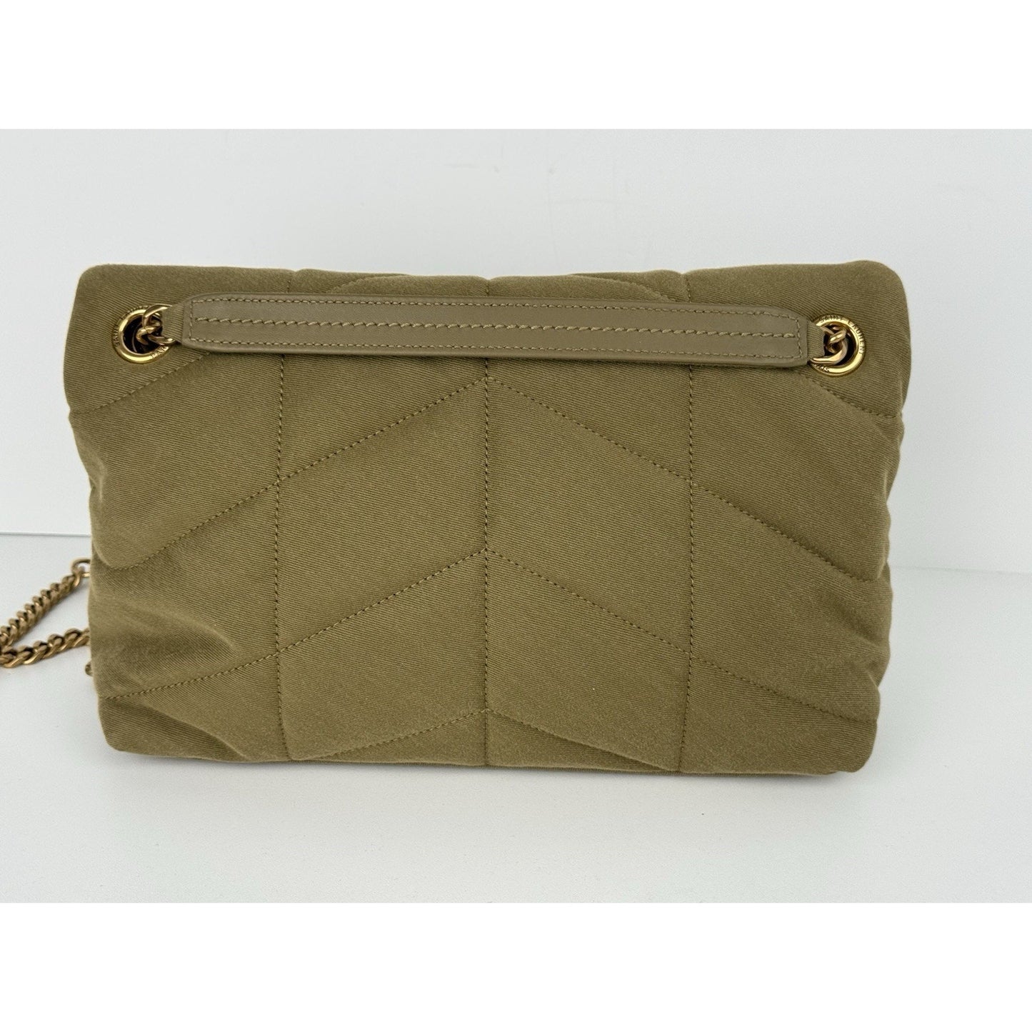 SAINT LAURENT Small Puffer Wool Chevron Quilt Shoulder Bag in Olive Green