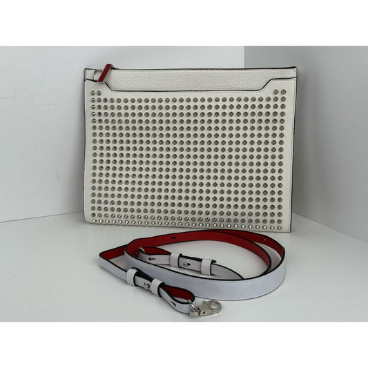 Christian Louboutin White Sky Pouch Clutch with Spike Studs and Silver Hardware