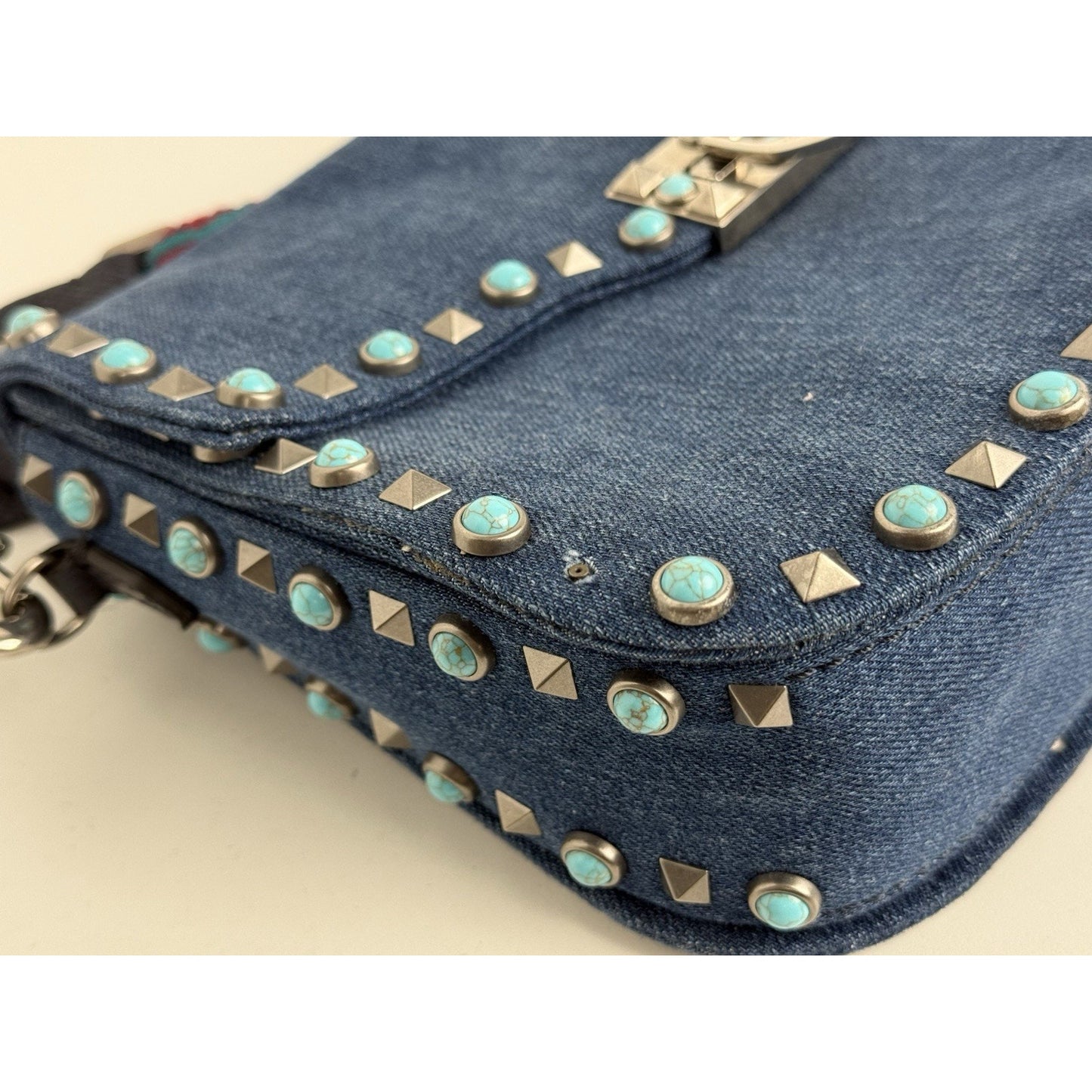 Valentino Rolling Rockstud Denim and Leather Shoulder Bag with Multicolor Strap