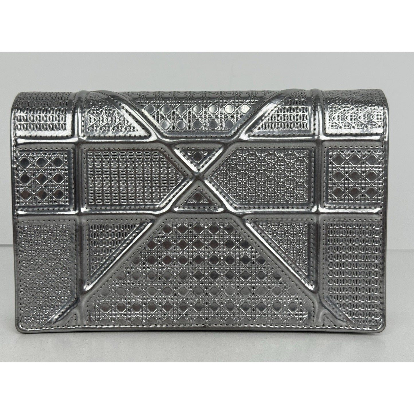 Dior Micro-Cannage Diorama Wallet on Chain Pouch Metallic Silver Patent Leather