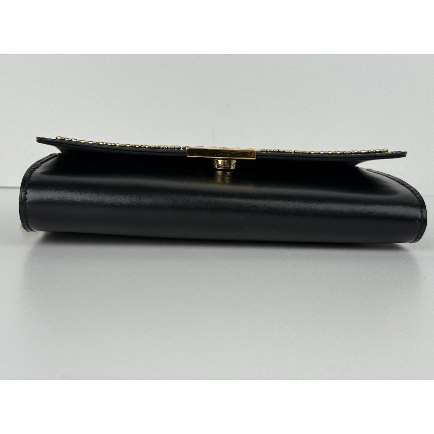 LOUIS VUITTON Black Calfskin Fleur De Lys Pochette Studded Chain Louise