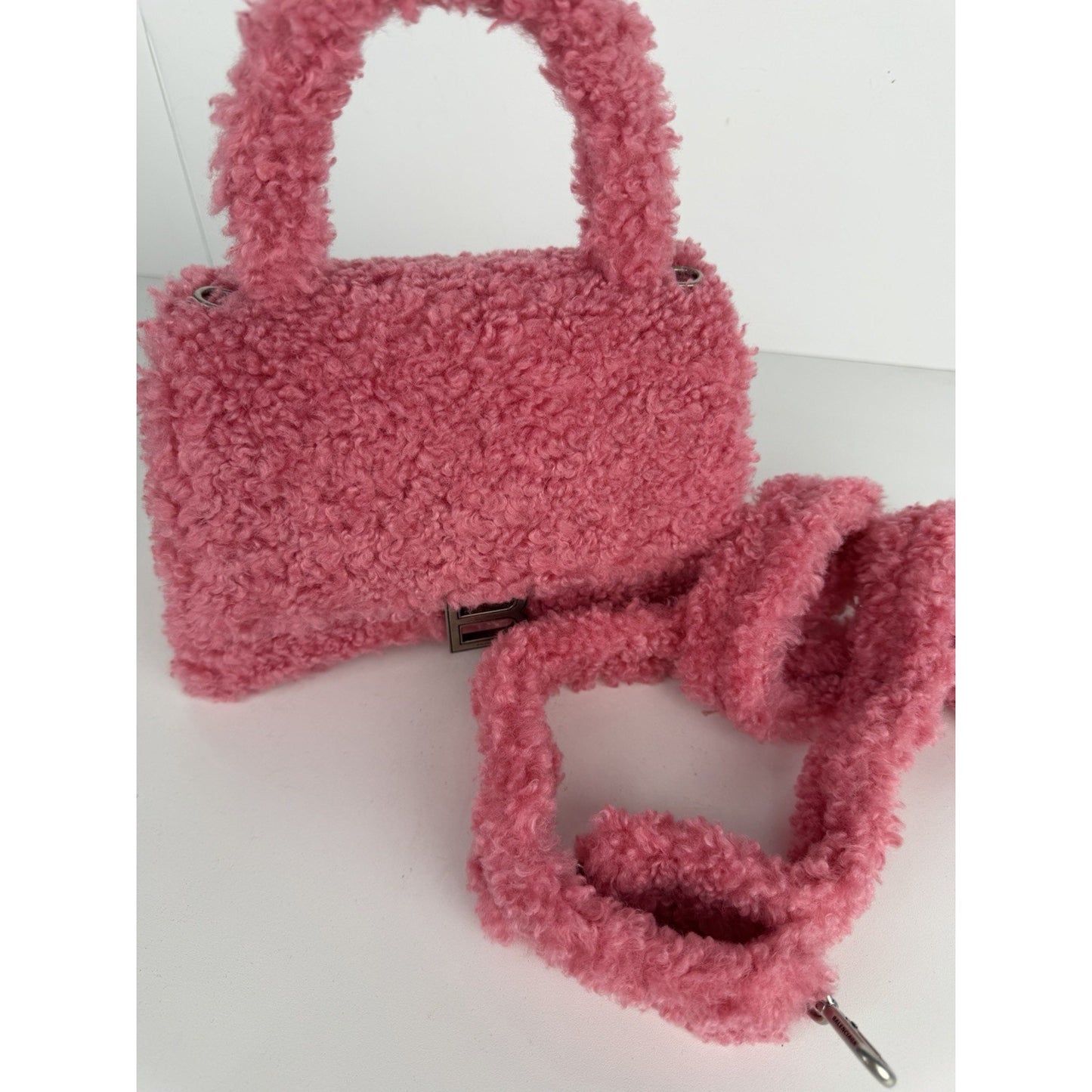 Balenciaga Hourglass Top Handle Bag Small in Pink Fuzzy Faux Fur S-01